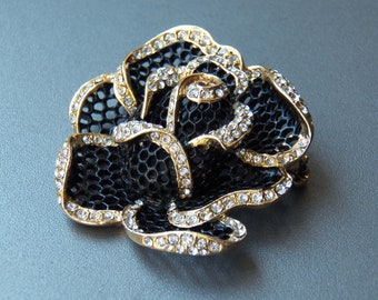 Rose Flower Rhinestone Brooch, Honeycomb Grid Pin, Black and Gold Vintage Costume Jewelry