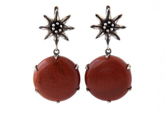 Edelweiss Flower Round Goldstone Drop Earrings Vintage Jewelry