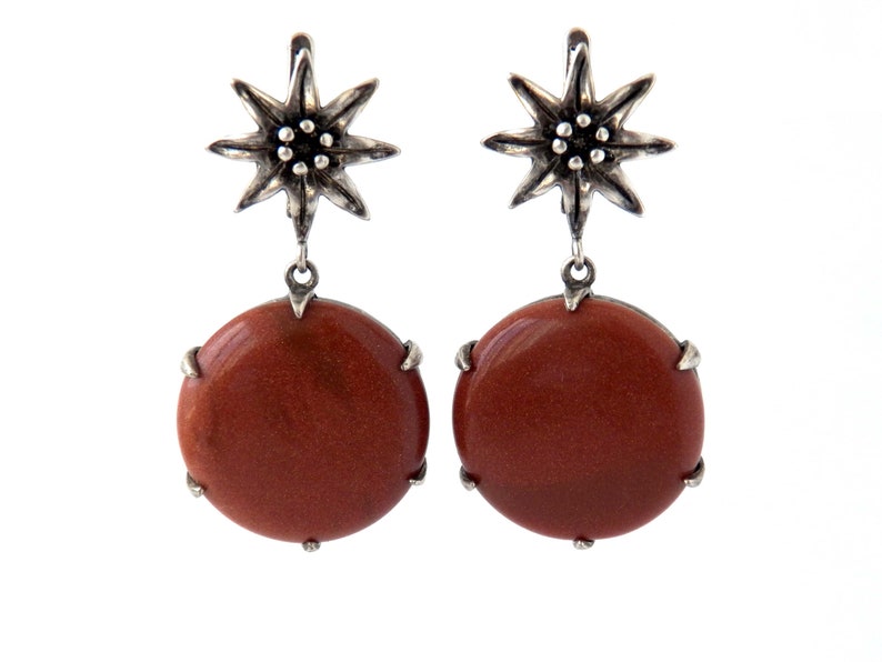 Edelweiss Flower Round Goldstone Drop Earrings Vintage Jewelry