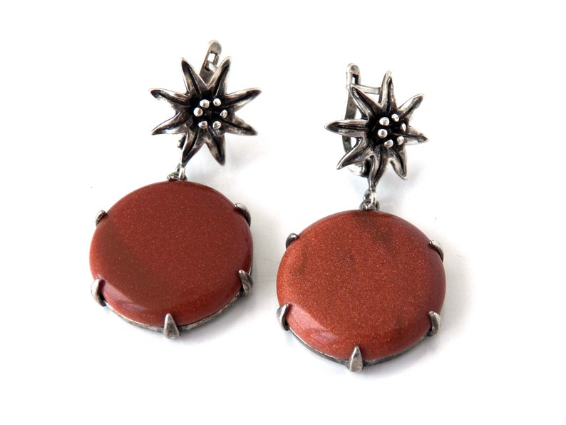 Edelweiss Flower Round Goldstone Drop Earrings Vintage Jewelry