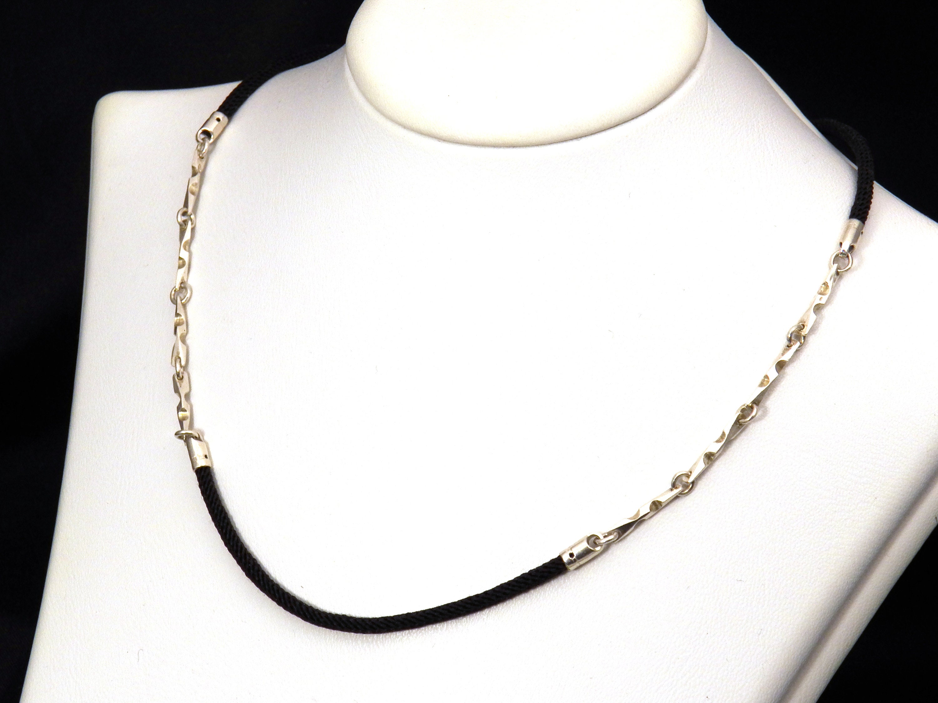 Geometric Link Chain Necklace Sterling Silver and Black Silk - Etsy
