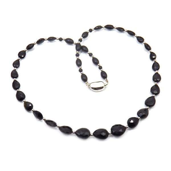 Natural Black Tourmaline Faceted Bead Necklace, Schorl Necklaces for Women, Silver Clasp, Vintage Black Gemstone Jewelry