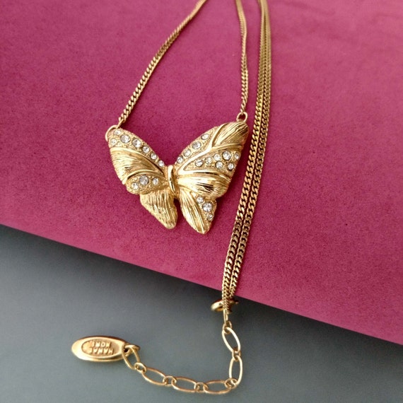 Rhinestone Butterfly Hanae Mori Pendant Necklace,… - image 2