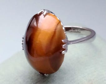Grote sterlingzilveren ring met tijgeroog, sacrale chakra, vintage edelsteensieraden