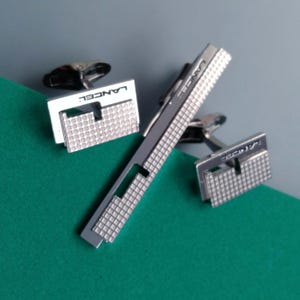 Lancel Logo Silver Cufflinks and Tie Clip Set, Vintage French Designer Accessories for Men