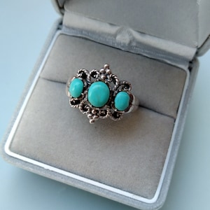 3 Turquoise Stone Ring, Sterling Silver Filigree Band Size 7, Vintage Blue Gemstone Jewelry