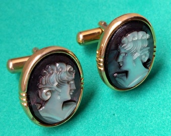 Ovale handgeschnitzte schwarze Muschel-Cameo-Damengesicht-Manschettenknöpfe für Frauen, vergoldeter italienischer Vintage-Schmuck