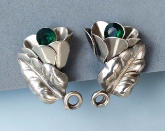 Green Spinel Sterling Silver Bell Flower Earrings Screw Back, Art Deco Jewelry 1940s