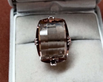16ct Cushion Cut Smoky Quartz Large Stone Ring, Sterling Silver Chunky Rings for Women, Statement Vintage Gemstone Jewelry