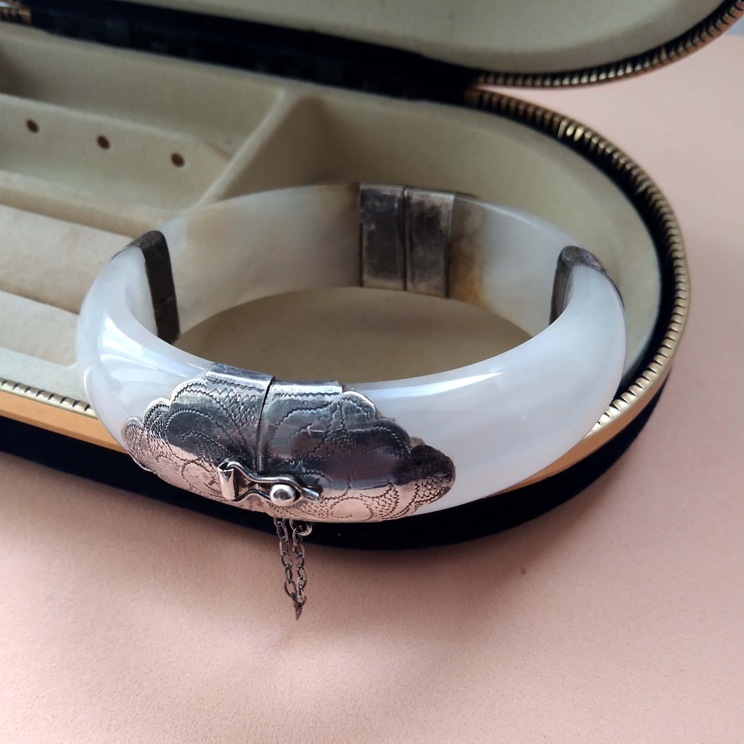 Portofino Stone Hinge Bangle - White Jade main image 1