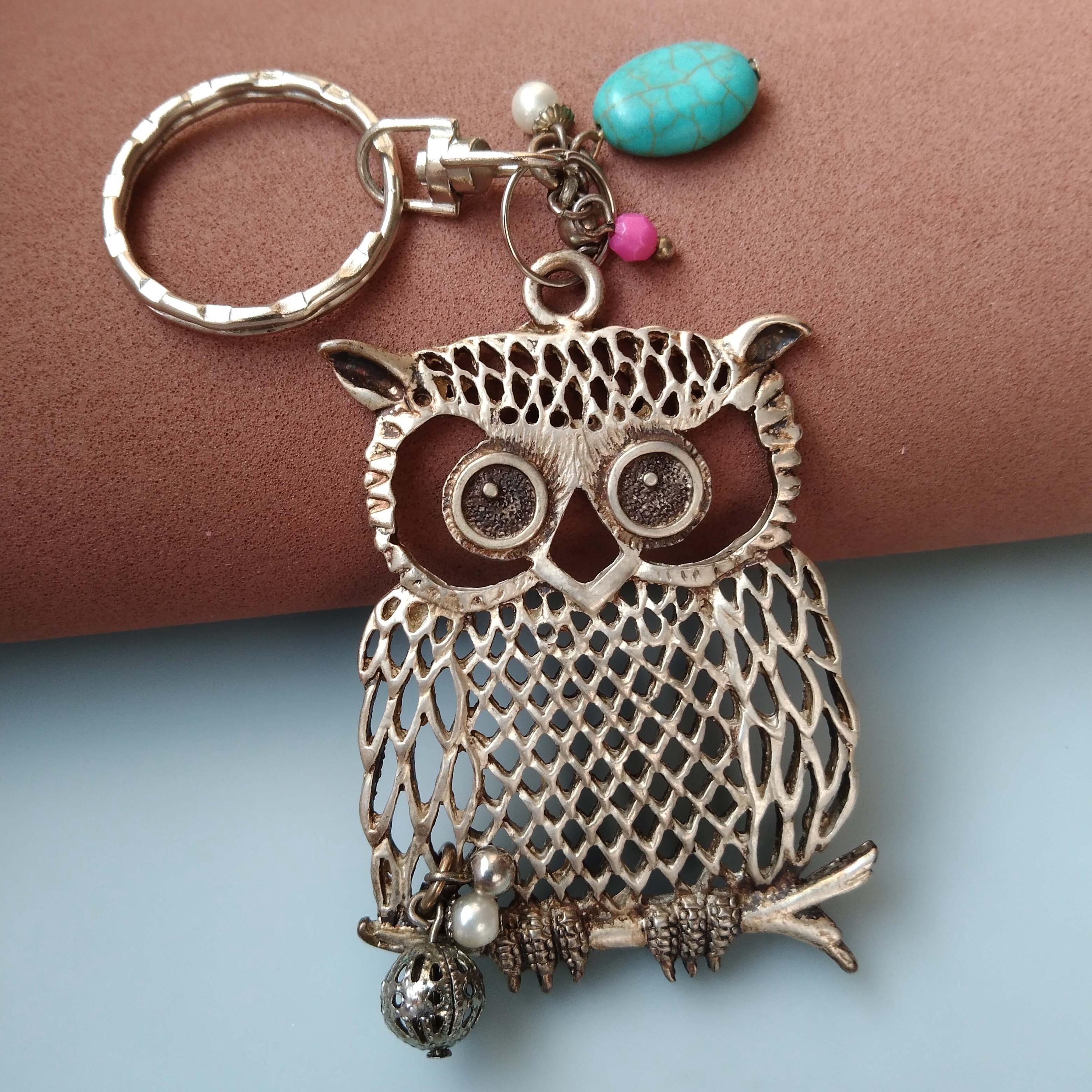Large Owl Charm Keychain: Beaded Silver Bag Accessory
