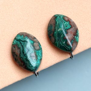 Vintage Malachite Clip On Earrings: Green Gemstone Jewelry, 1970s