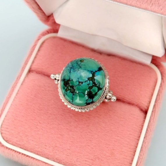 Green Turquoise Tribal Statement Ring, Sterling S… - image 1