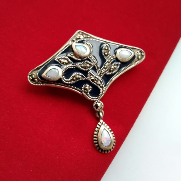 Marcasite and Opal Brooch, Black Enamel Sterling Silver Drop Pin, Floral Pattern Vintage Jewelry