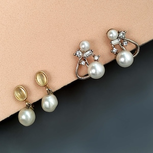 White Faux Pearl Rhinestone Clip on Earring, Set of 2 Screw Back Earrings, Vintage Gold Tone Costume Jewelry