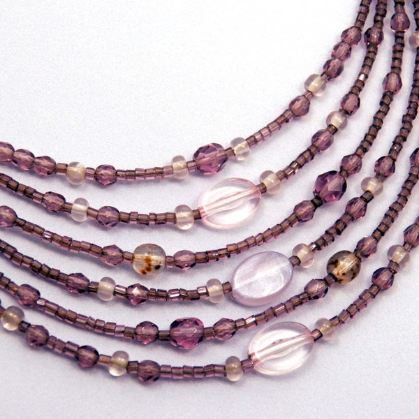 Multi Strand Light Purple Glass Bead Necklace, Lilac Bib Necklaces for Girl, Vintage Ethnic Jewelry