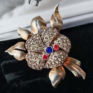 Antique Paste Pave Flower Brooch: Gilt 800 Silver, French Jewelry