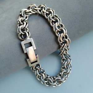 Chunky 925 Silver Wide Link Bracelet for Men, Chain Maille Vintage Jewelry