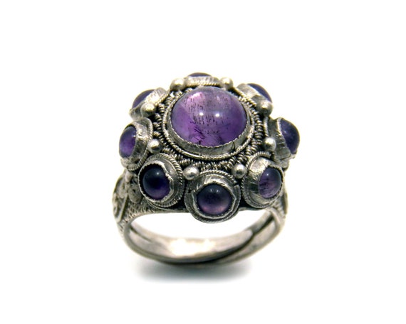 Chinese Antique Amethyst Multi Stone Ring, Sterli… - image 1