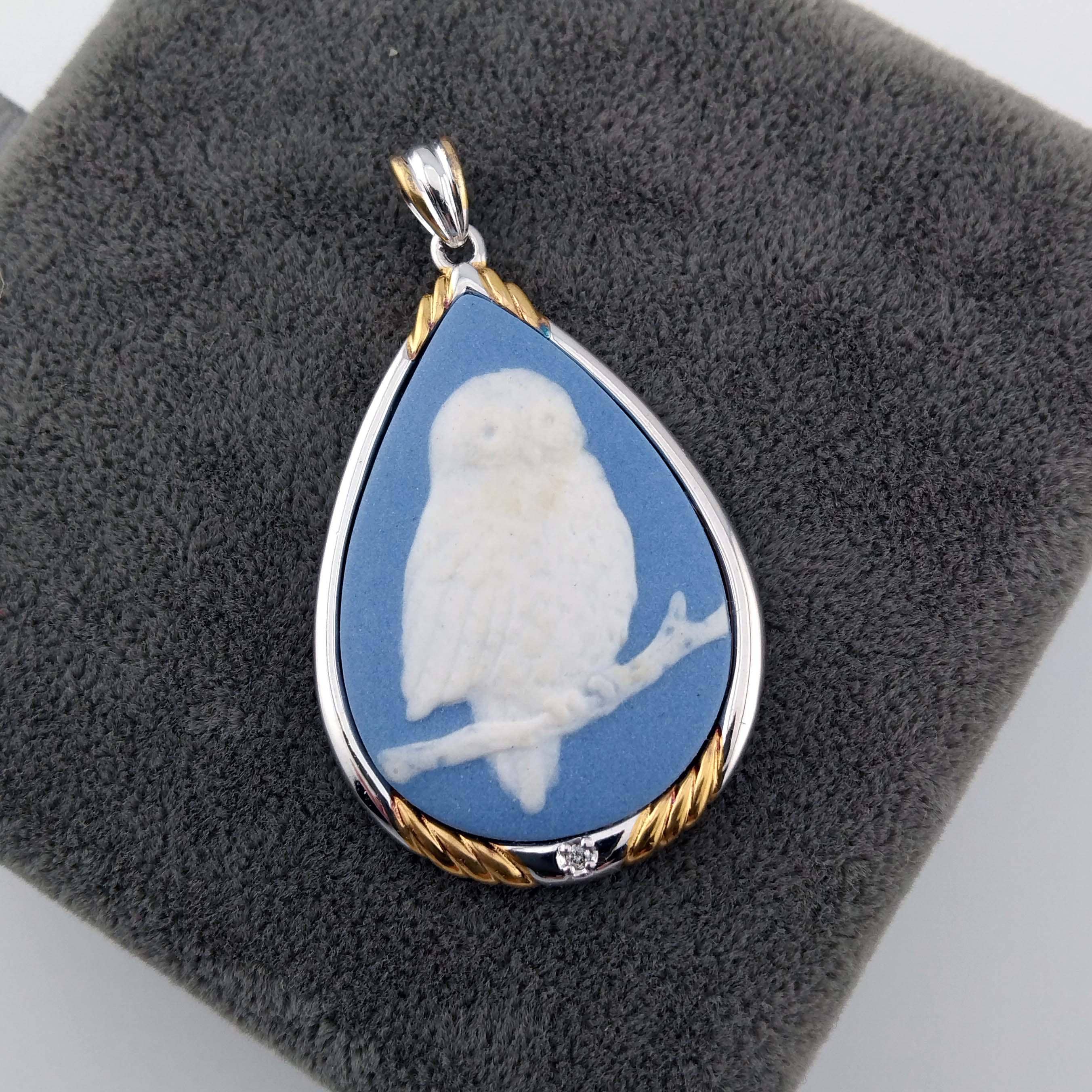 Blue Jasperware Owl Pendant, 925 Sterling Silver Frame, Cameo with Diamond, Vintage Japanese Ceramic