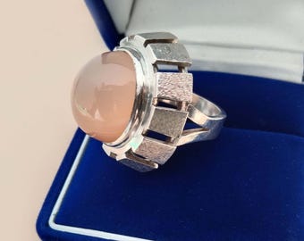 Orthoclase Moonstone Cabochon Huge Sterling Silver Ring, Vintage Chunky Fine Art Jewelry
