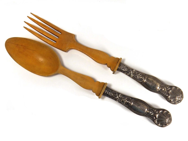 Antique Salad Servers Set 813 Silver Wood Spoon & Fork Etsy