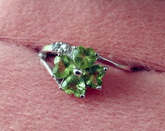 Lucky Four Leaf Clover Peridot 925 Silver Ring, Green Gemstone Sterling Silver Rings for Women, Vintage Fine Jewelry