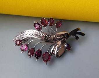 Rhodolite Garnet Branch Brooch, Floral Design Sterling Silver Pin, Purple Gemstone Vintage Jewelry