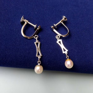 Dangle Akoya Pearl 925 Silver Earrings, Screw Back Sterling Silver Earring for Women, Vintage Japanese Pearl Jewelry 1970s