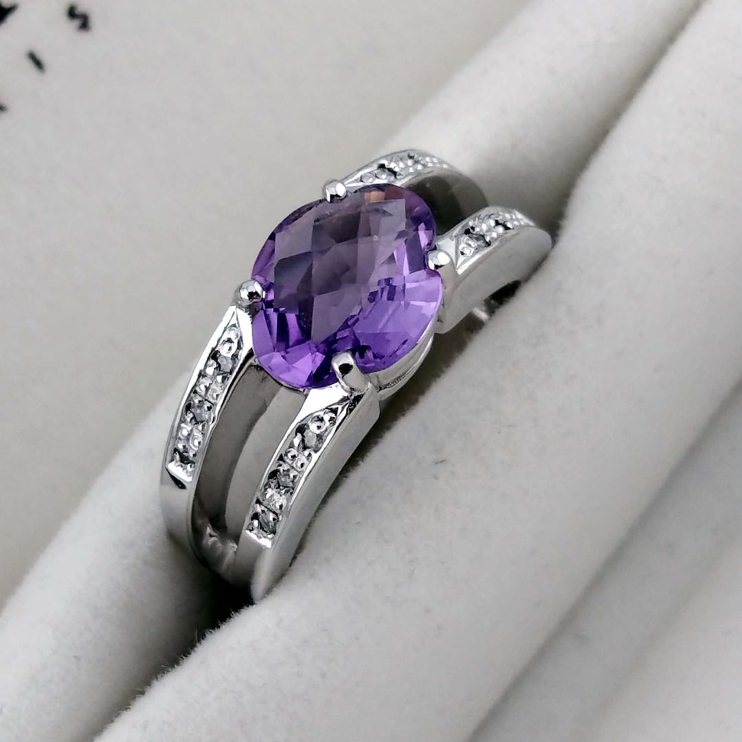 Guy Laroche Amethyst and Diamond Ring: Platinum Plated Sterling