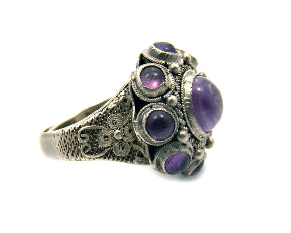 Chinese Antique Amethyst Multi Stone Ring, Sterli… - image 5
