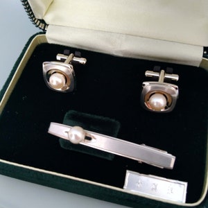 Gemelos y pasador de corbata de plata 850 con perla de Akoya, gemelos vintage de plata de ley con piedras preciosas, conjunto de joyería japonesa de Akoya para hombre.