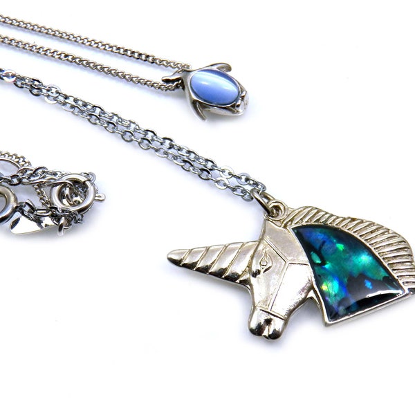 Set of 2 Teenager Pendant Necklaces, Abalone MOP Unicorn and Cat Eye Stone Belly Penguin, Gemstone Costume Jewelry