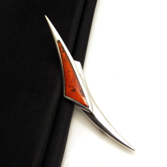 Modernist Amber Inlay Brooch, Sterling Silver Poli