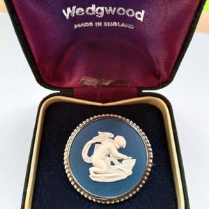 Blue Wedgwood Jasperware Cupid Brooch, Ceramic Cameo Sterling Silver Brooch Рin, Vintage English Jewelry