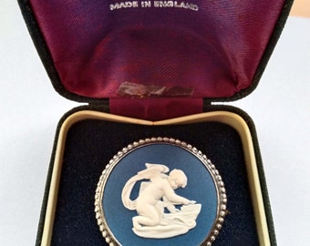 Blue Wedgwood Jasperware Cupid Brooch, Ceramic Cameo Sterling Silver Brooch Рin, Vintage English Jewelry