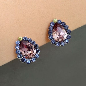 Vintage Rhinestone Clip On Earrings: Blue & Pink Crystal Costume Jewelry