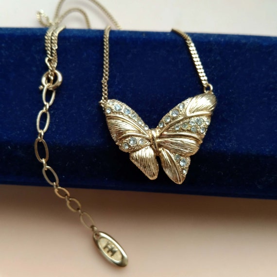 Rhinestone Butterfly Hanae Mori Pendant Necklace,… - image 3