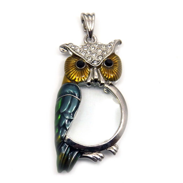 Enamel Owl Magnifying Glass Pendant, Rhinestone Loupe Pendant, Vintage Jewelry