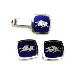 Cobalt Blue Enamel Mythical Animal Qilin Cufflinks and Tie Clip Set, Kirin Brewery Logo Cuff Link, Vintage Lucky Jewelry for Men