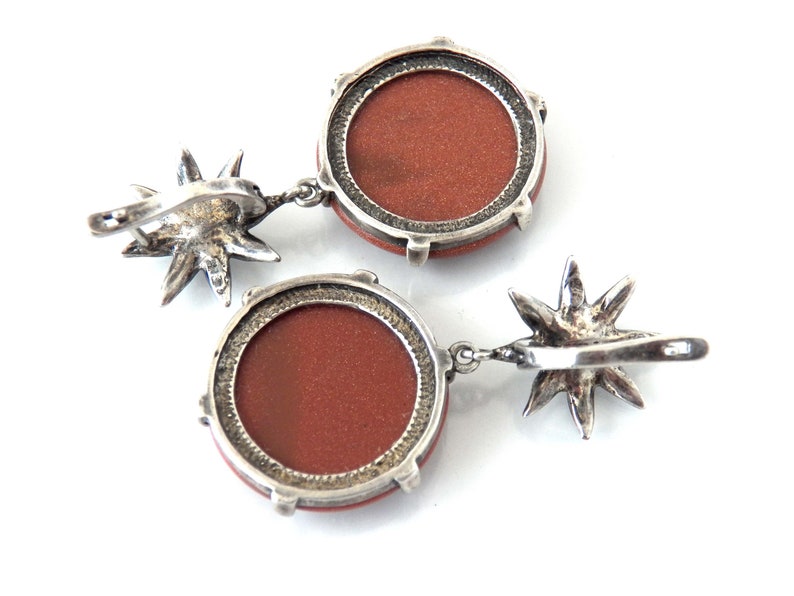 Edelweiss Flower Round Goldstone Drop Earrings Vintage Jewelry