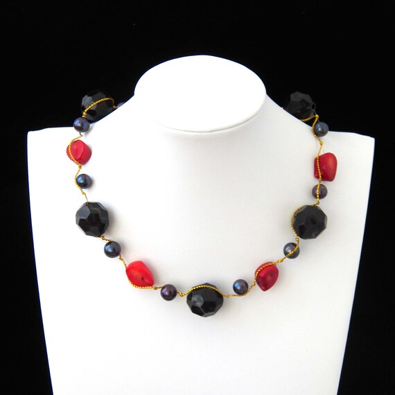 Natural Black Onyx and Red Coral Gemstone Long Layered 5 Strand Beaded Necklace