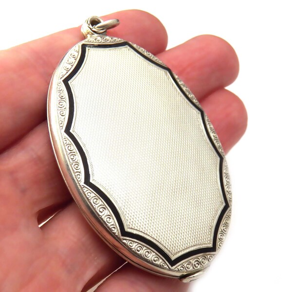 900 Silver Antique Slide Locket, Large Oval Photo Pendant, Black Enamel Victorian 1800s Jewelry