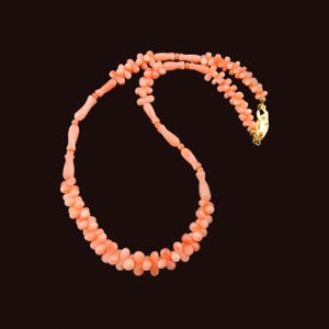 Vintage Angel Skin Coral Necklace: Bone Bead, Gilt Silver Clasp