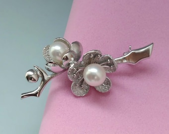 Akoya Pearl 950 Silver Sakura Branch Brooch, Sterling Silver