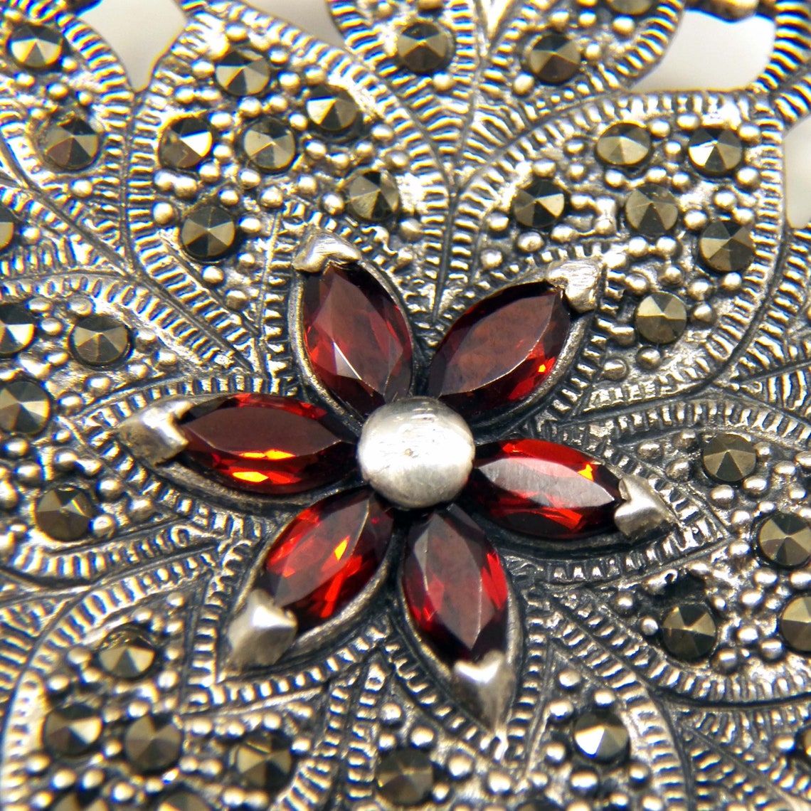 Large & Marcasite Brooch Sterling Silver Flower Etsy