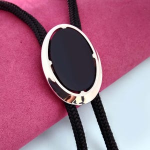 Oval Black Onyx Bolo Tie, Natural Stone Pendant Cord Necklace, Silver Tone Jewelry for Men, Western Accessories