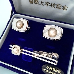 Akoya Pearl Minimalist Cuff links and Tie Clip Set, Vintage Japanese Gemstone Men&#39;s Jewelry