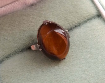 Anello vintage con cabochon in occhio di tigre: argento sterling placcato rodio, taglia 5