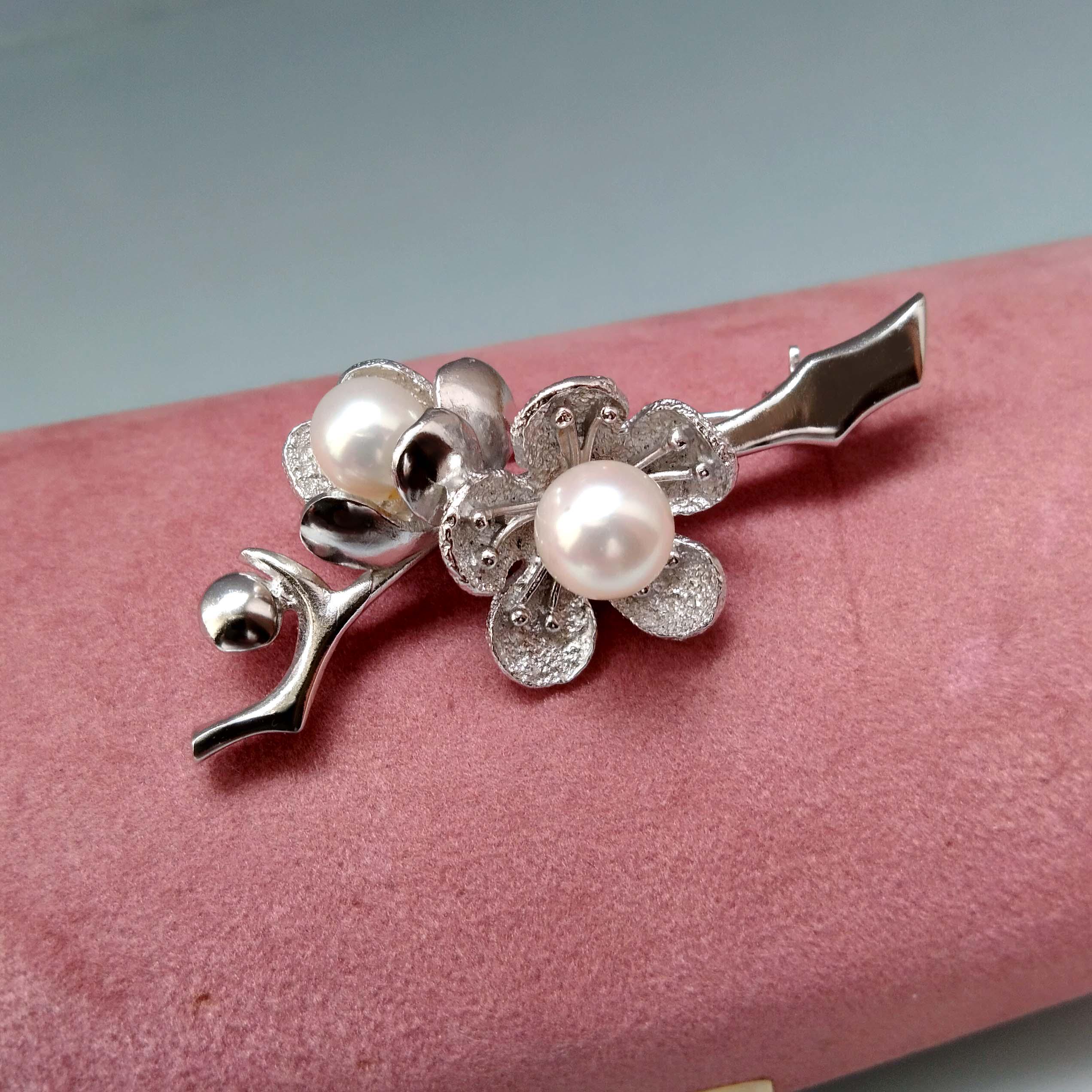 Akoya Pearl 950 Silver Sakura Branch Brooch, Sterling Silver